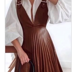 Brown pleated leather dress